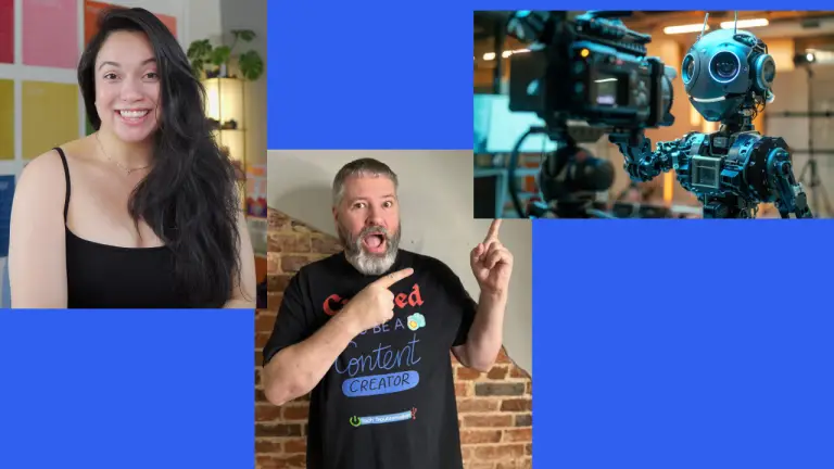 Marielou, Roy, and a Robot smiling at a camera