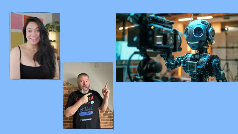 Marielou, Roy, and a Robot smiling at a camera