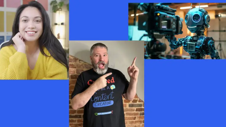 Marielou, Roy, and a Robot smiling at a camera
