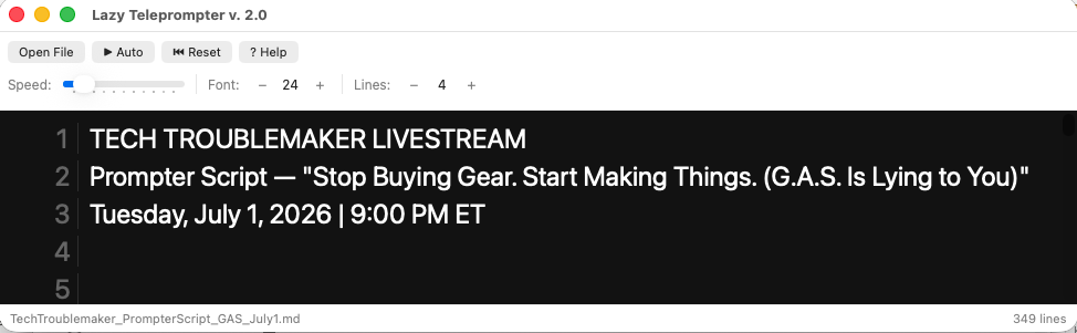 Lazy Teleprompter app window showing an auto-scrolling script with adjustable speed, font, and line count controls
